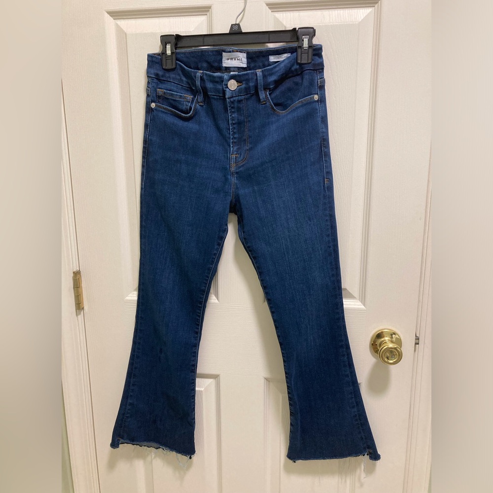 FRAME Le Crop Flare Festival Western Jean Dark Wash Women SZ 29 Bootcut Cowgirl